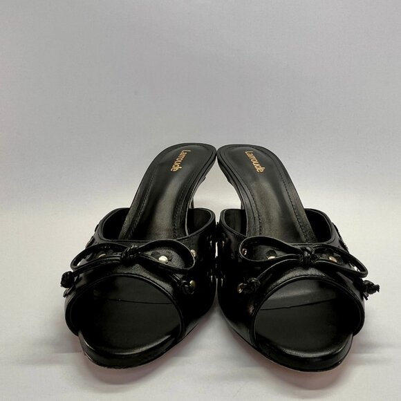 Larroude Jasmine Black Studded Leather Mule Size 8 Peep Toe Heel Slip-On - Picture 10 of 16